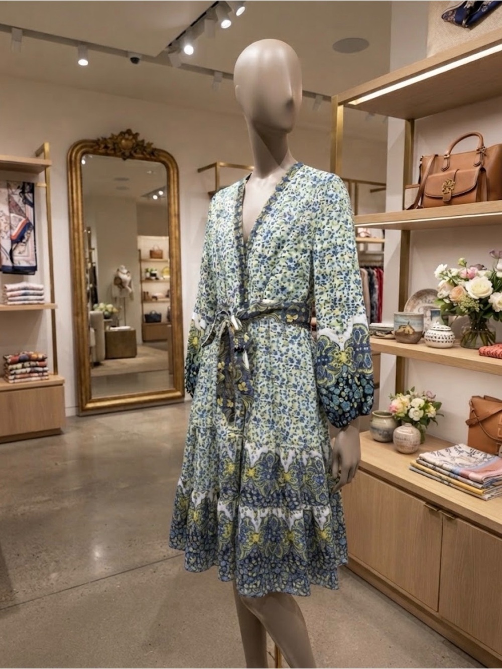 Kobi Halperin Blue and Yellow Floral Tiered Wrap Dress with Waist Tie